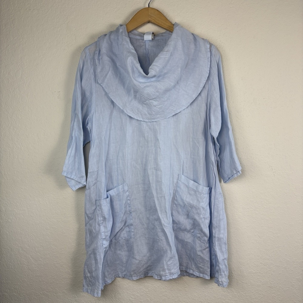 MatchPoint S 100% linen cowl neck tunic Cool Blue LAGENLOOK beachy minimalist